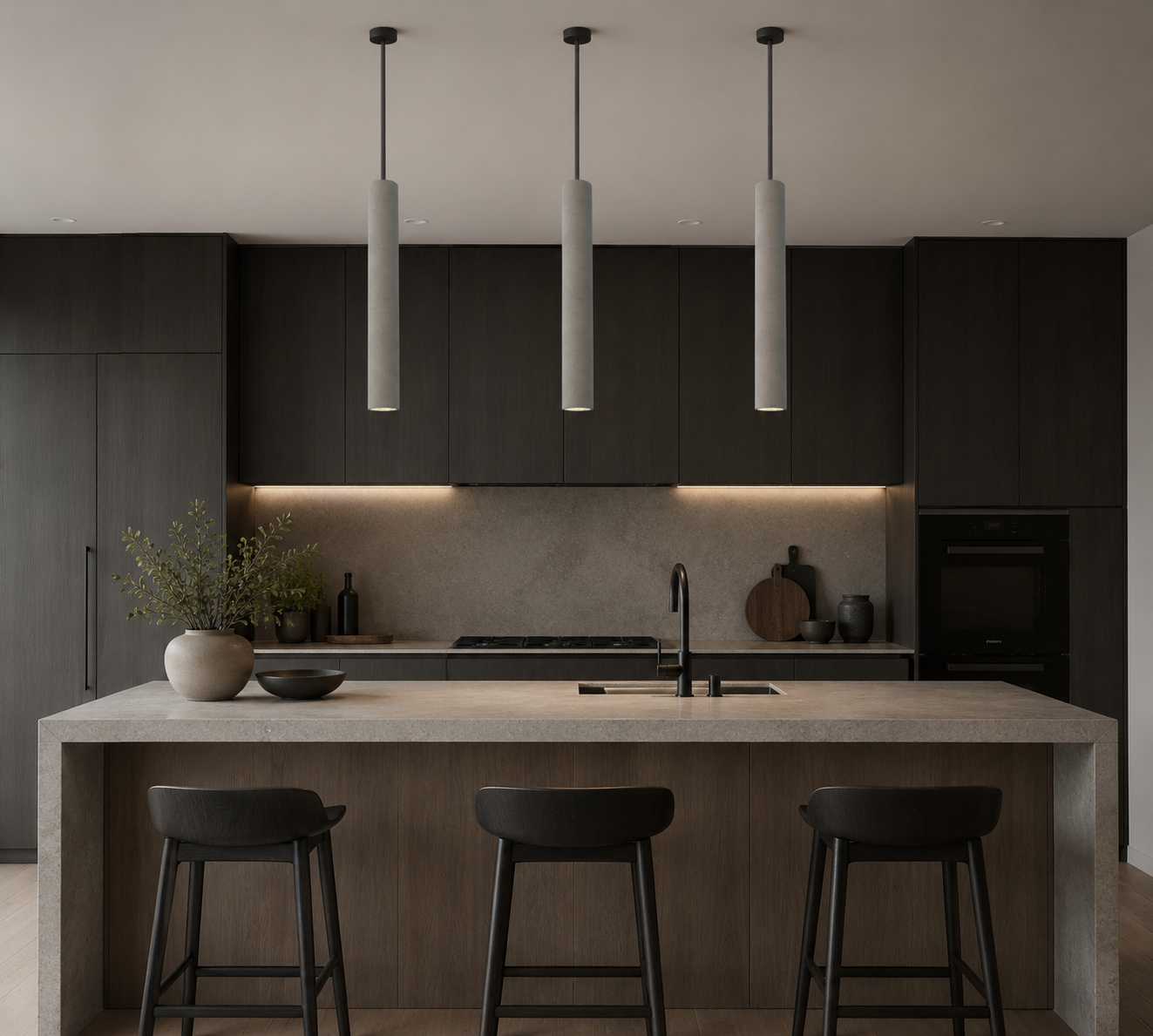 Modern kitchen pendant lights above a large kitchen island with dark wood cabinets, stone countertop, and integrated LED kitchen lighting.
