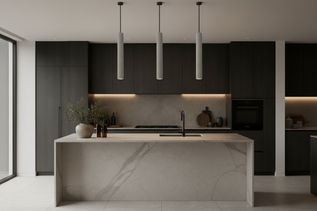 Modern kitchen with dark cabinets, a concrete island, and pendant lights.