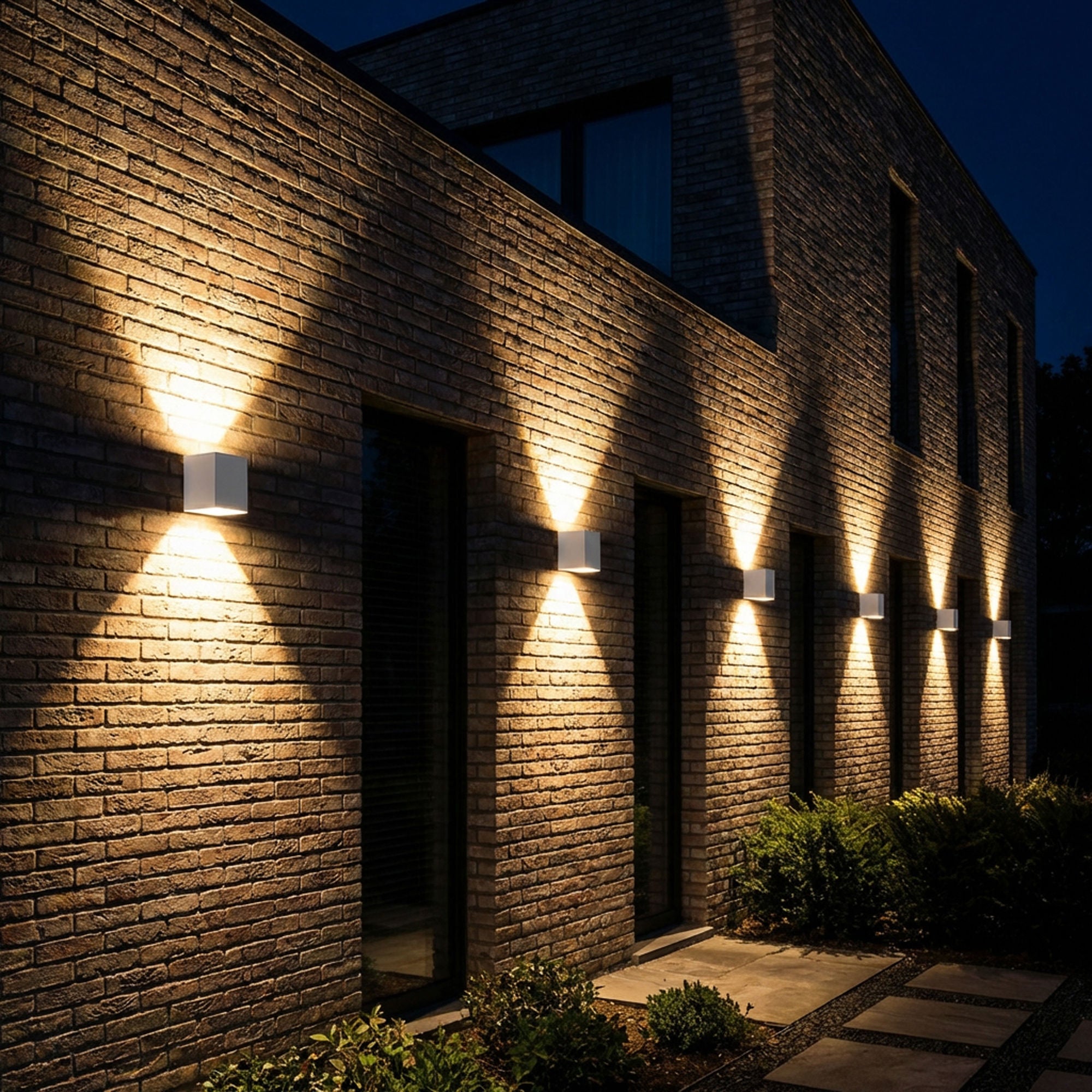 Modern rectangular outdoor wall lights mounted on a brick building at night, casting warm light beams downward in a row along the facade.