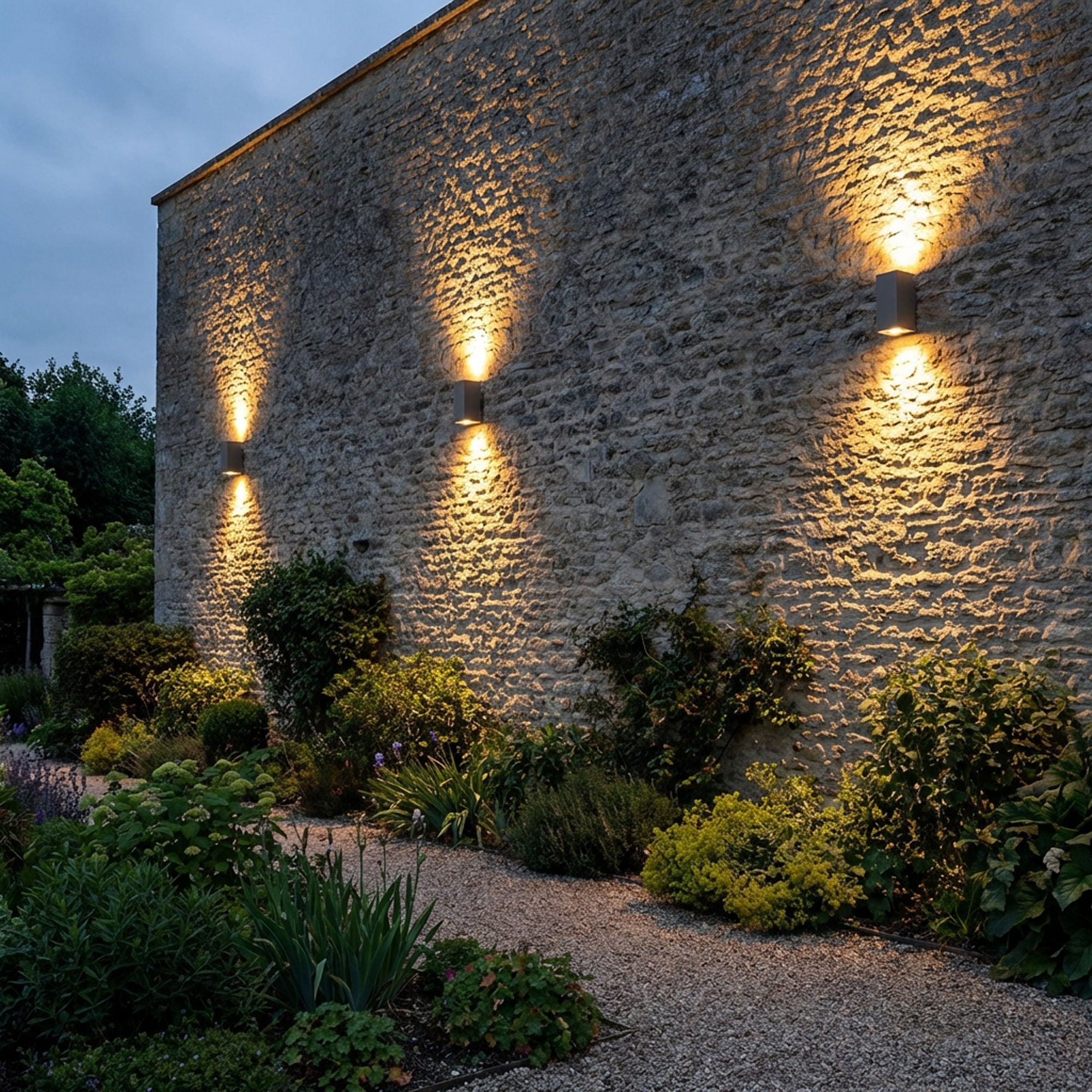 Three modern wall-mounted outdoor lights illuminated on a textured stone building wall above a landscaped garden bed with shrubs and a gravel path at dusk.